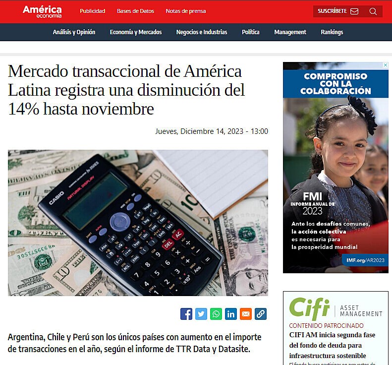 Mercado transaccional de Amrica Latina registra una disminucin del 14% hasta noviembre
